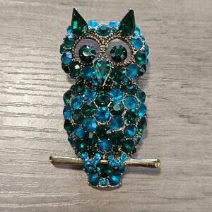 Vintage Blue and Green Rhinestone Large Owl Brooch